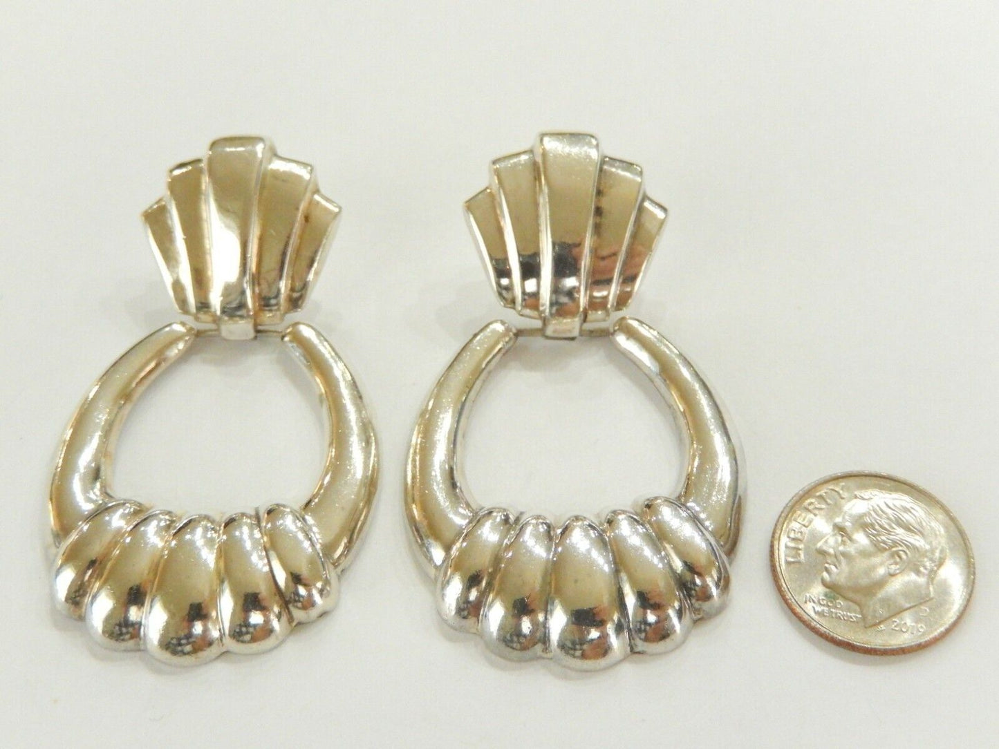 *VINTAGE*  LARGE Sterling Silver Hinged Door Knocker Shrimp Earrings 2.25"