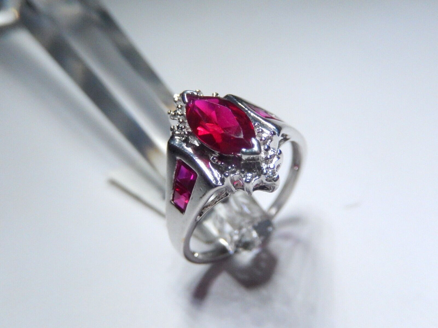 *NWT* 10k White Gold Lab Created Marquise Ruby And Diamond Ring Sz 8