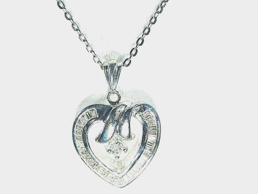 *NEW* 10K White Gold Heart Shaped Natural Baguette/Round Diamond Pendant w/chain