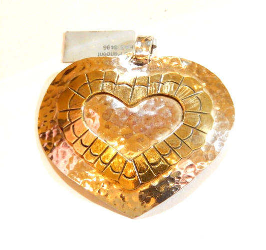 ~VINTAGE~  MEXICO TAXCO STERLING & BRASS LARGE TEXTURED HEART PENDANT- 2 1/4 "