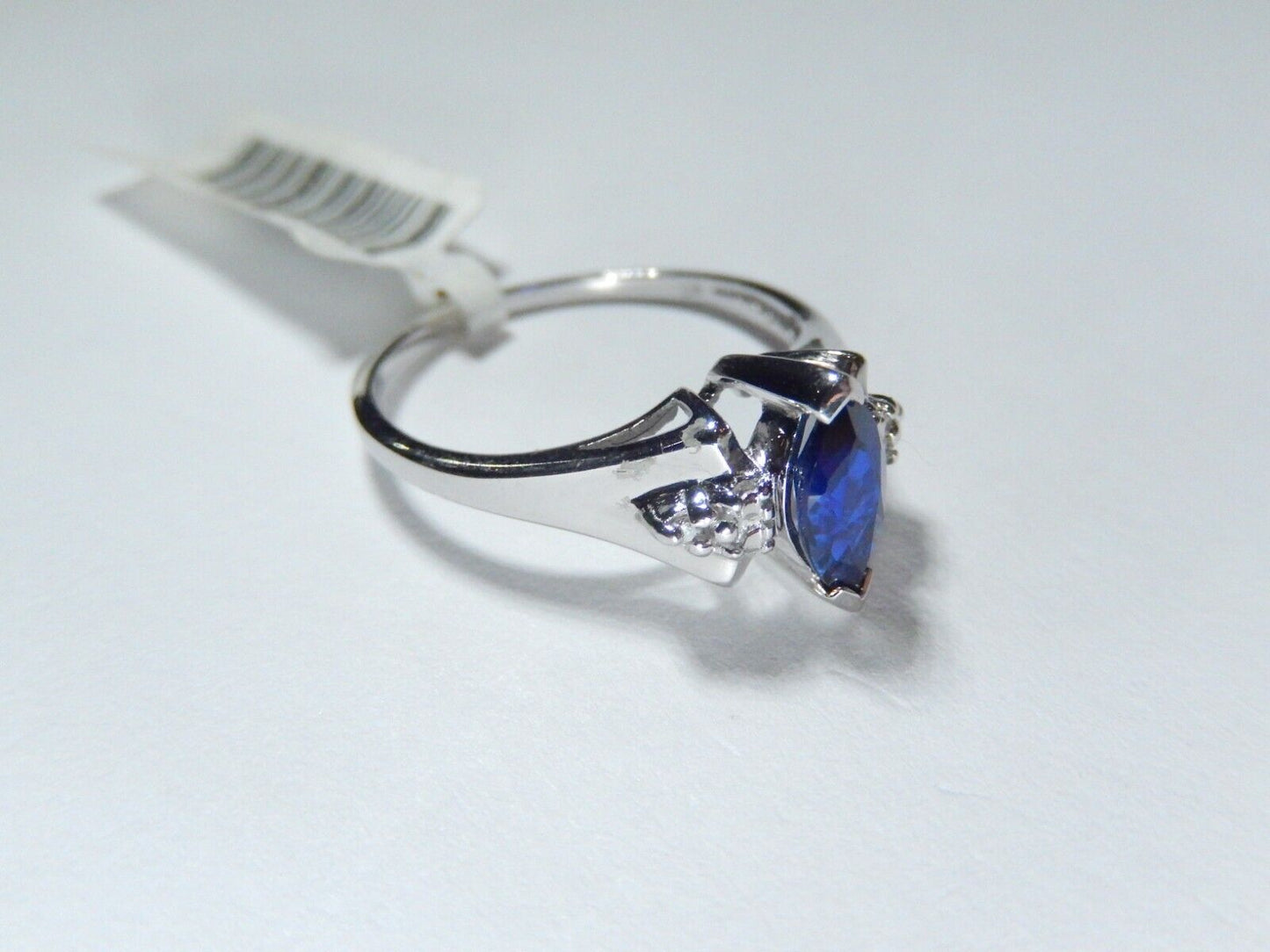 *NWT* 10k White Gold Lab Created Marquise Sapphire And Diamond Ring Size 7.25