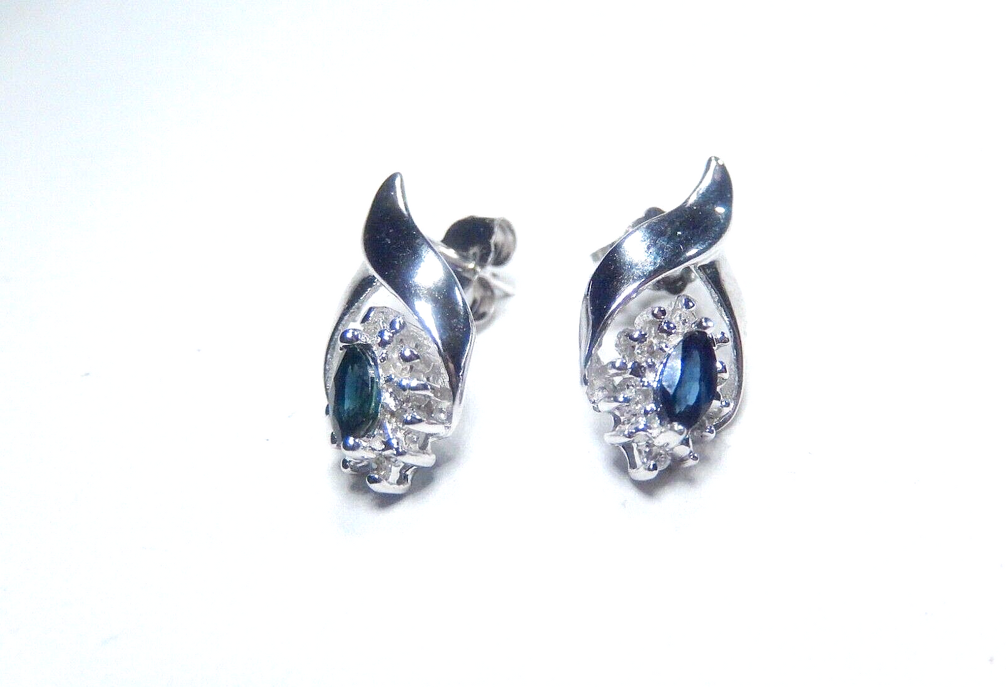 10k White Gold Natural Marquise Sapphire And Diamond Stud Earrings