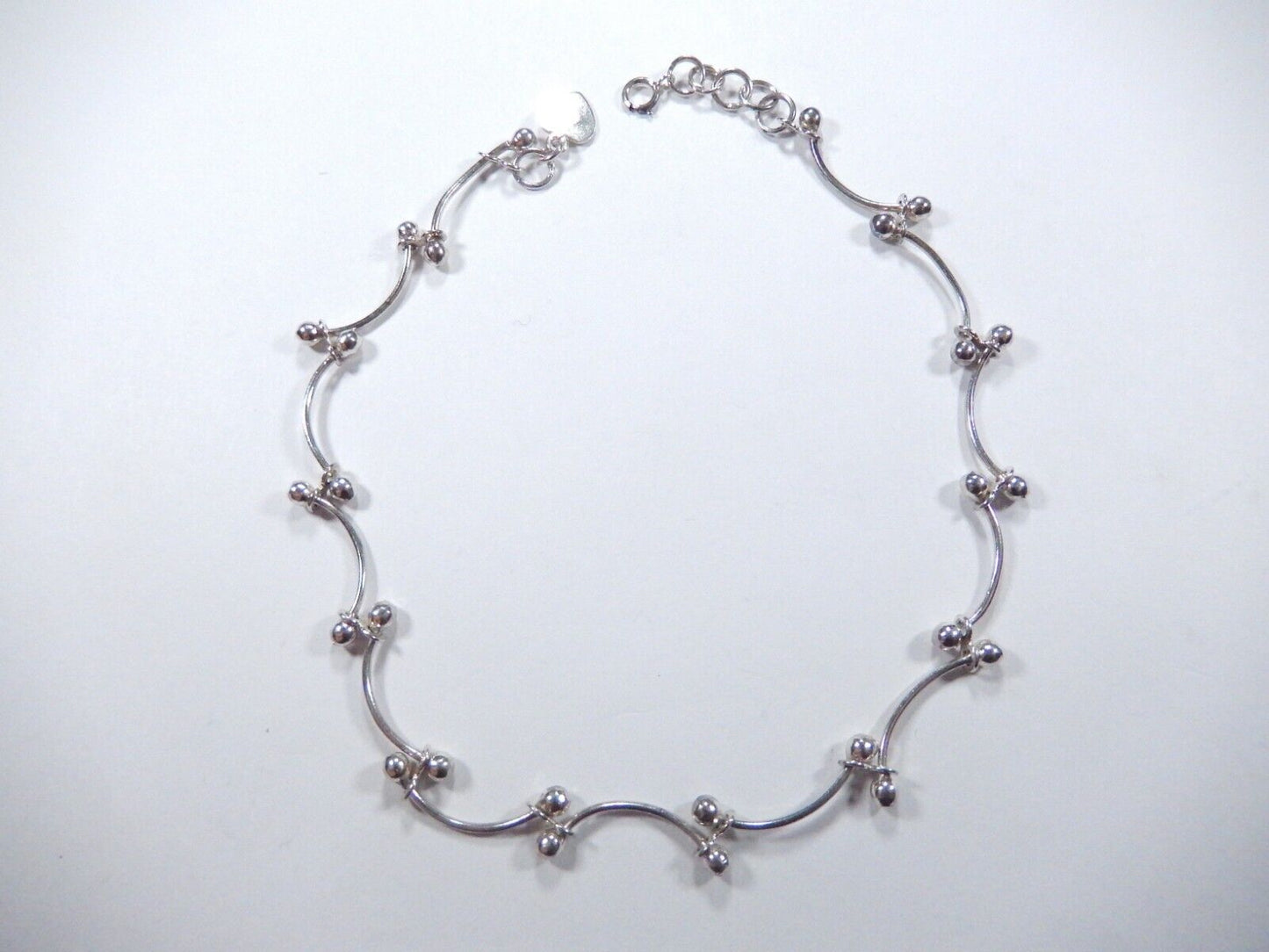 Sterling Silver Ball Bead Fancy Link with Heart Charm Anklet 10"