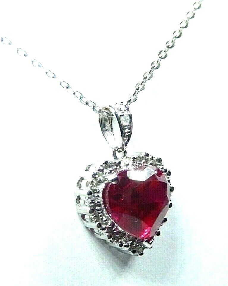 *NWT* 10K White Gold 4.00CT Heart Ruby & Natural Diamond  Pendant w/18" Chain