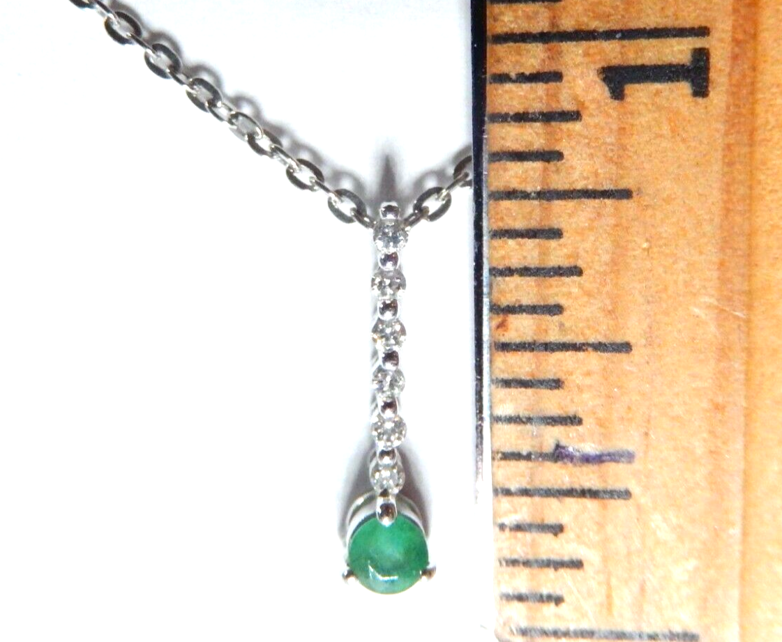 14K White Gold Natural Green Emerald & Diamond Pendant Necklace 18"