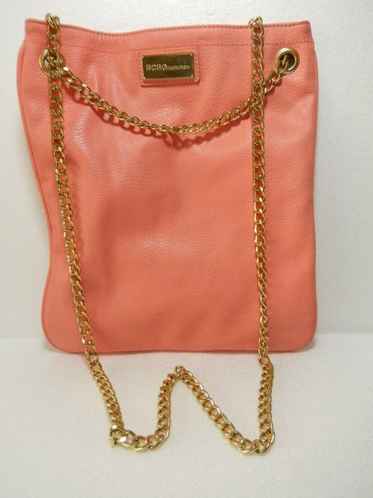 *MINT*  BCBG Paris Coral Leather Logo Front NS Long Gold Chain Shoulder Bag