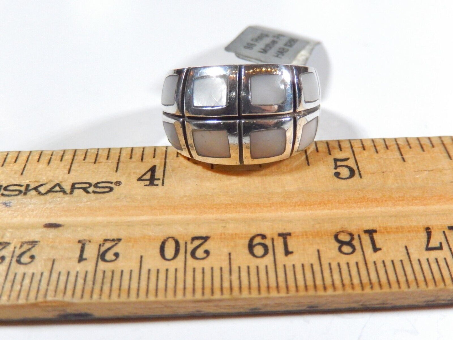 *VINTAGE*  Sterling Silver 12.5mm Wide Band Inlay Mother of Pearl Ring Sz 7