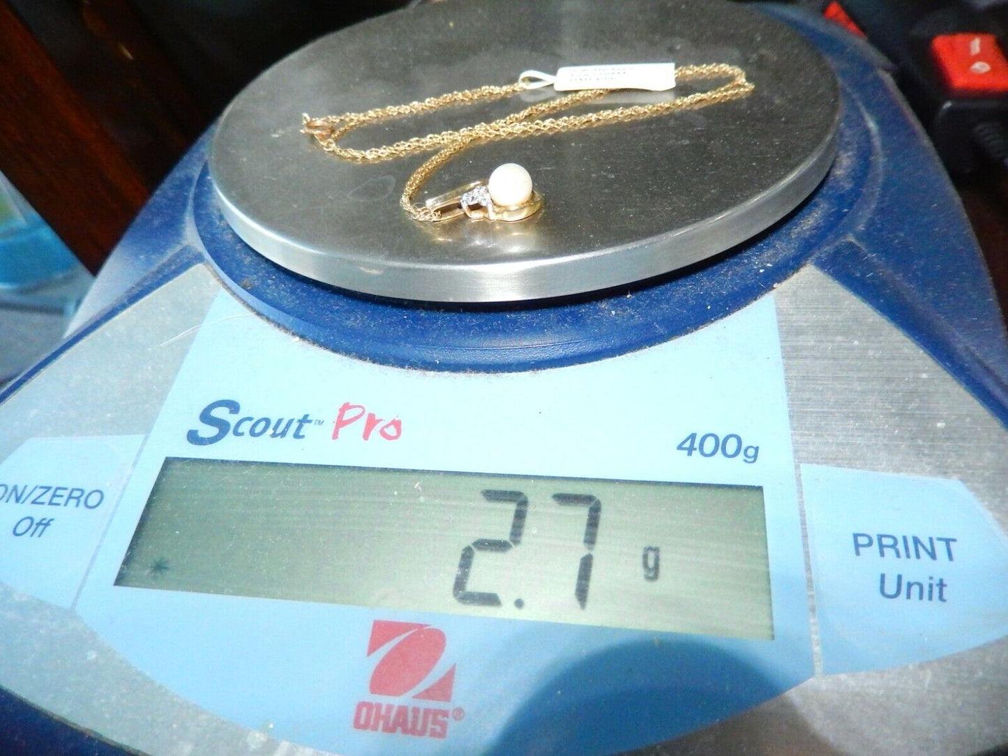 *VINTAGE*  10K  Yellow Gold 6.5mm Round White Pearl & Diamond Pendant w/18"Chain
