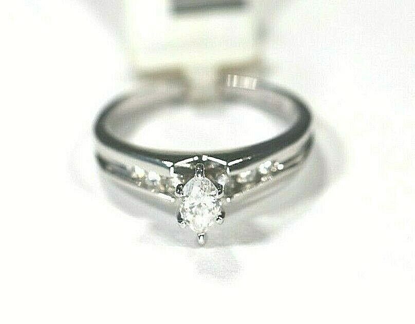 *NWT* 14K White Gold Marquise Natural Diamond Engagement Ring  Size 5.5