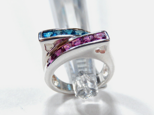 *VINTAGE*  Sterling Silver  1.50 CT Blue Topaz & Amethyst Two Row Band Ring Sz 6