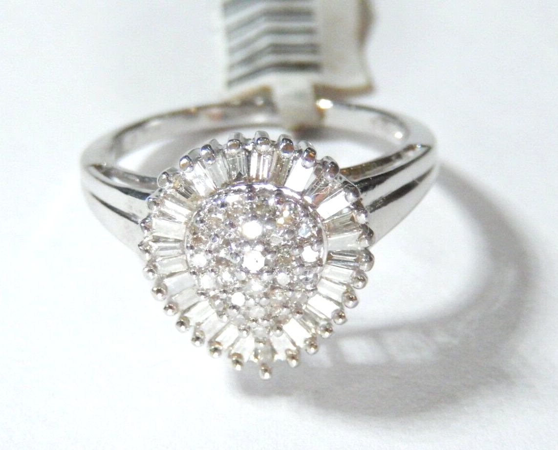 *NWT*  10K White Gold .75 CT Round Baguette Cut Diamond Pear Shape Cocktail Ring