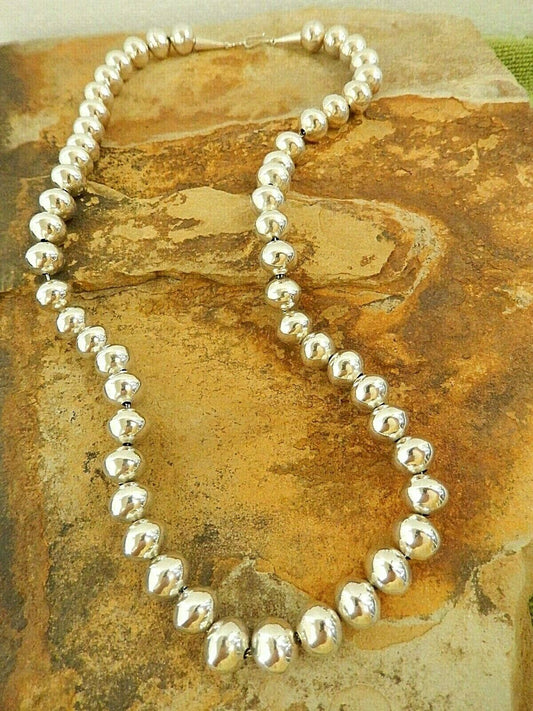 VINTAGE Native Amer  Pearls 12mm Sterling Silver Oval Bead Necklace 24" 79.33gms