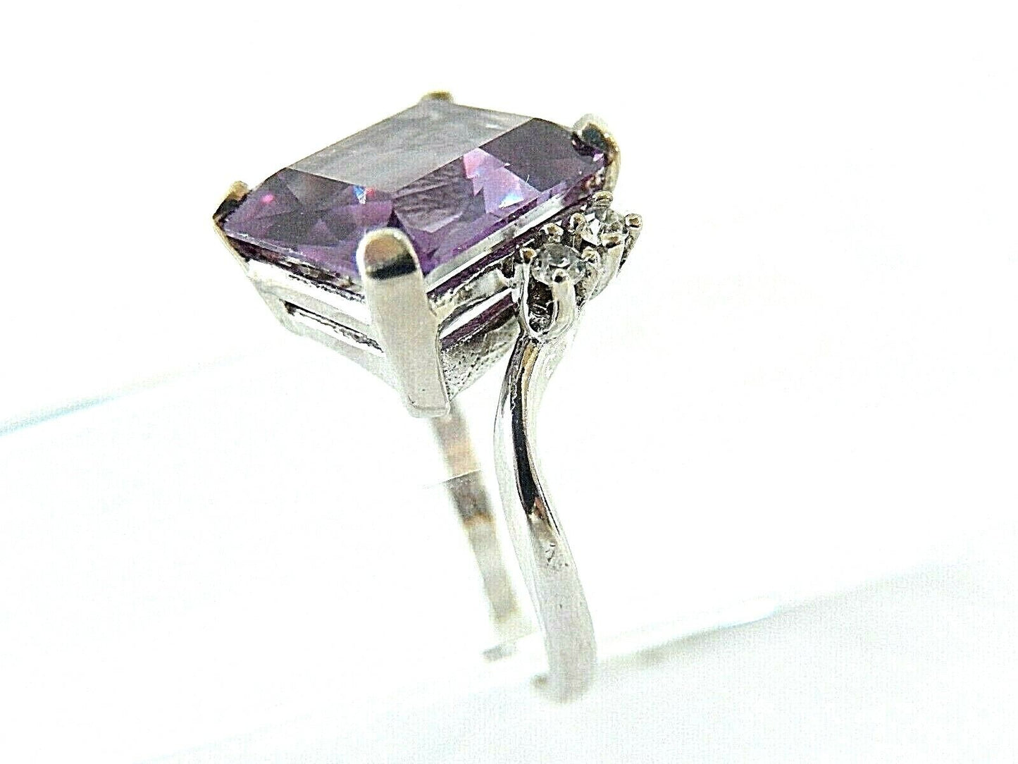 *VINTAGE* Solid 10K White Gold  5ct Amethyst & Diamonds Ladies Fine Ring Sz 7.5
