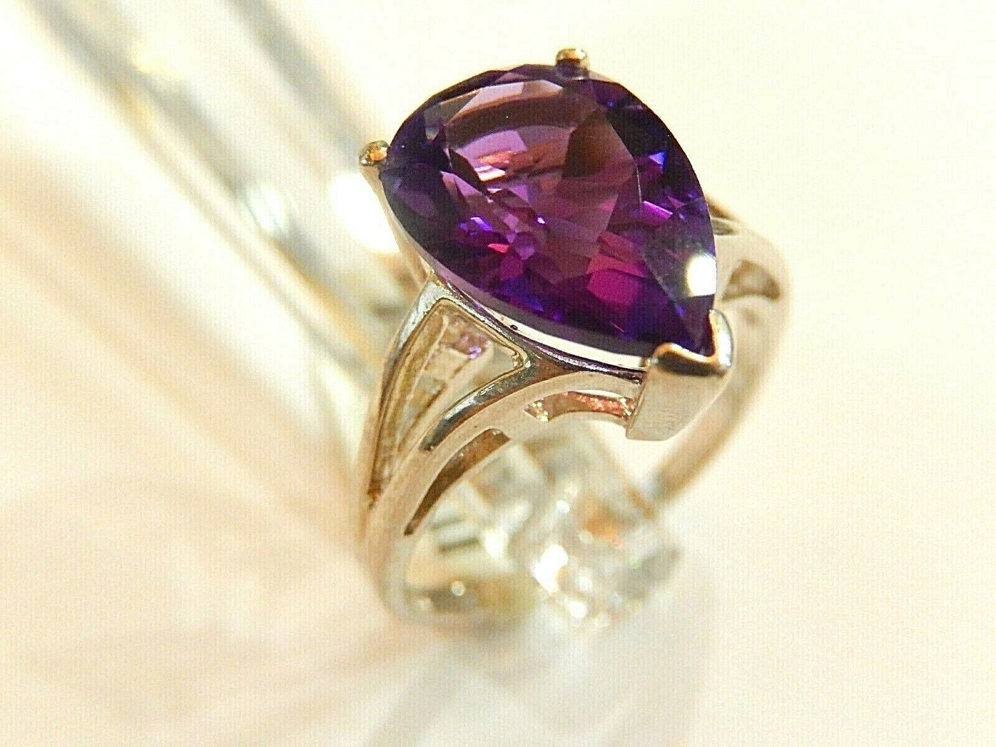 VTG 5CT Pear Shape Deep Purple Brazilian Amethyst 10K White Gold Solitaire Ring