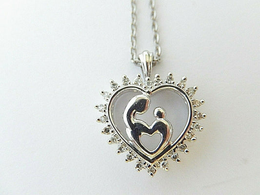 10K White Gold 1/4CT Natural  Diamond Mother Child Heart Pendant Necklace 18"