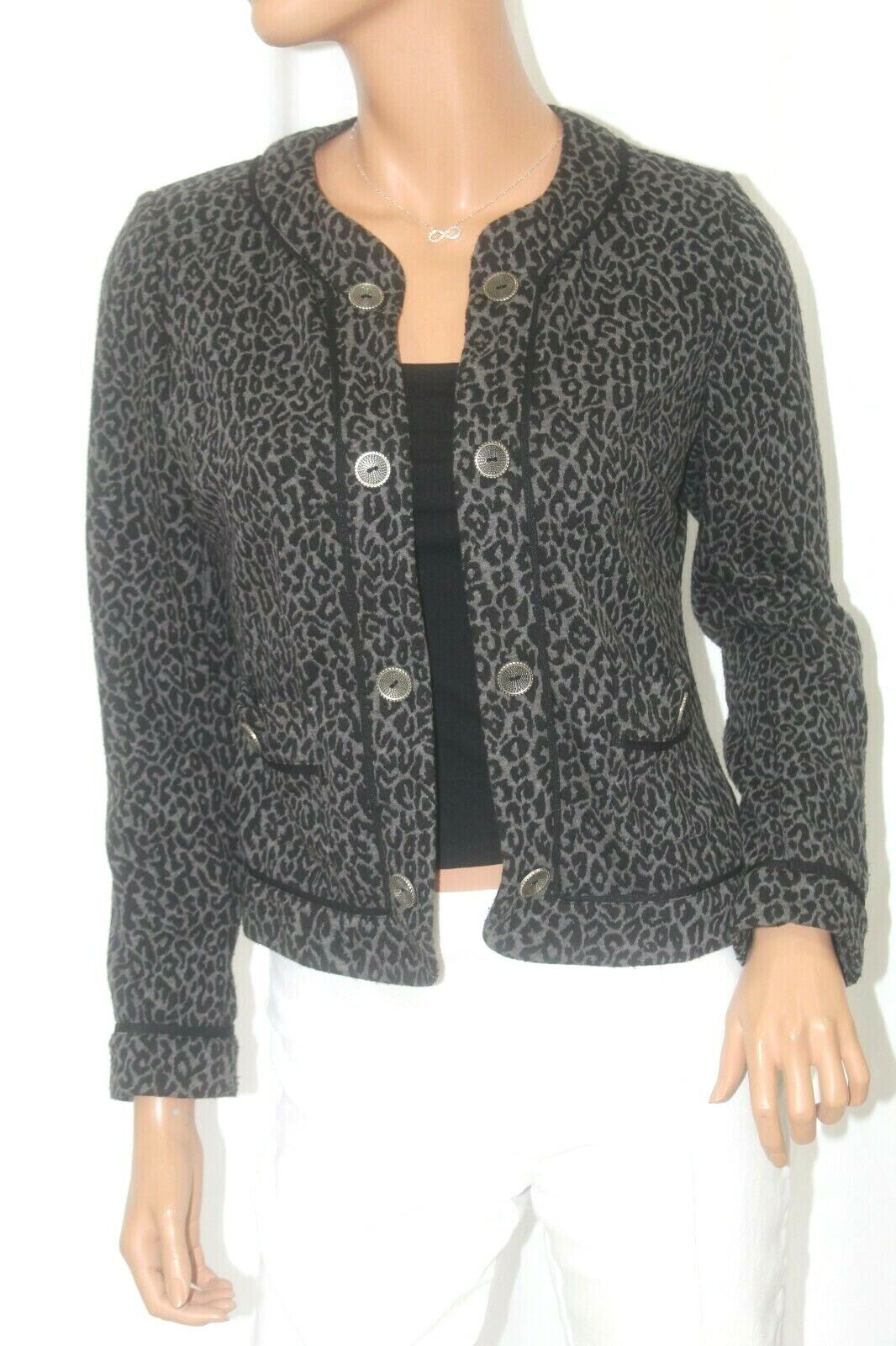 Russell Kemp New York  Size S Animal Print Open Jacket Black Collar Trim