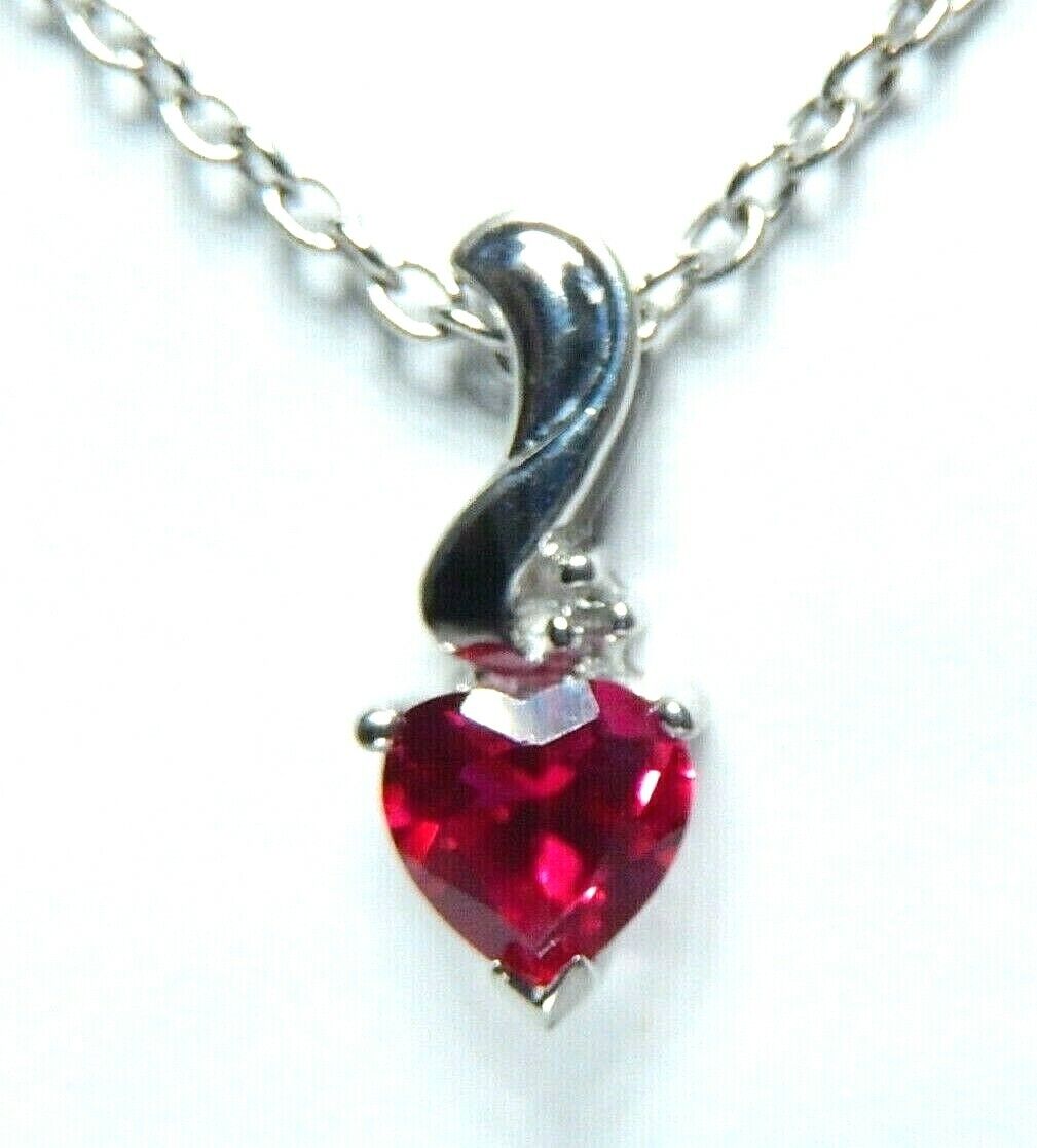 *NWT* 10K White Gold .75CT Red Ruby Heart Solitaire & Diamond Pendant w/18"Chain