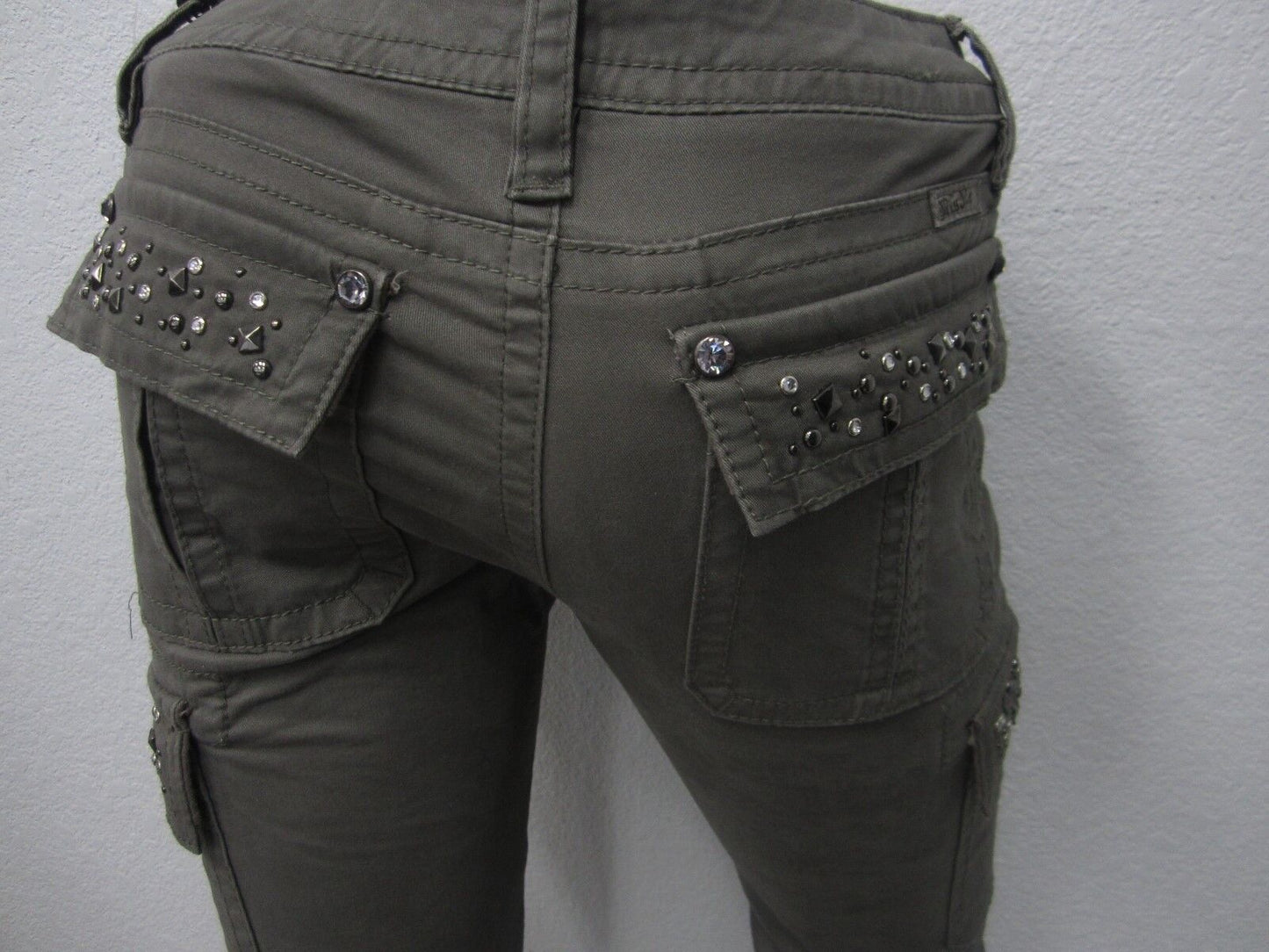 NWT MISS ME CP1246C Embellished Cargo Casual Ankle-Zip Pants Light Olive 27x31