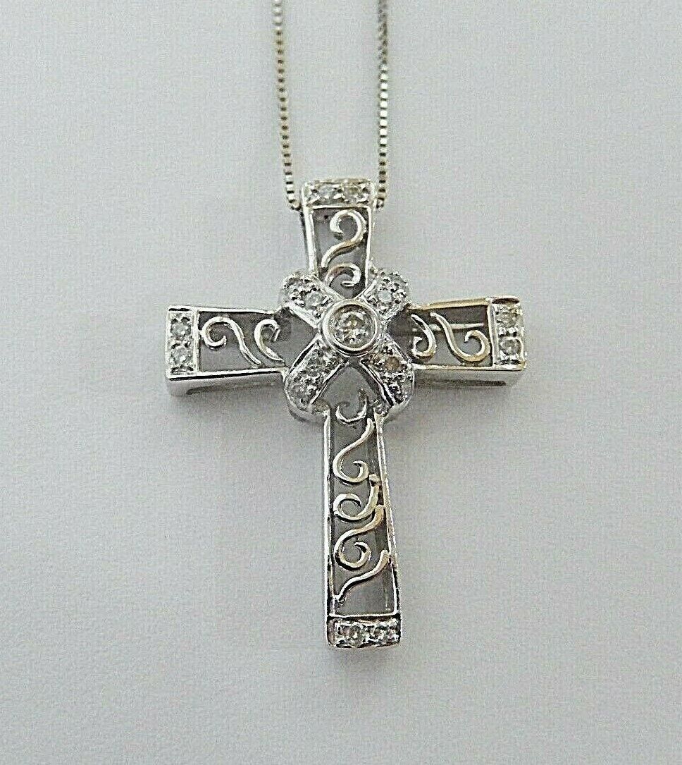 10K White Gold 17 Natural Diamond Religious Cross Pendant Necklace w/18" Chain