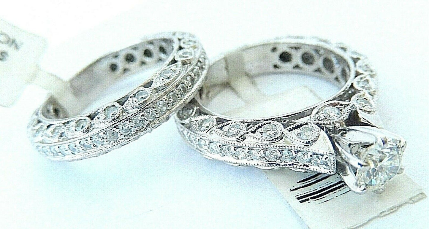 18K WHITE GOLD NATURAL 2.5 CTW DIAMOND ENGAGEMENT RING WEDDING BAND SET SIZE 6.5
