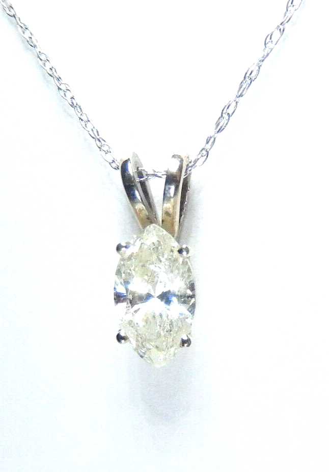 14K White Gold 3/5ct Fancy MarquiseNatural Diamond Solitaire Pendant w/18" chain