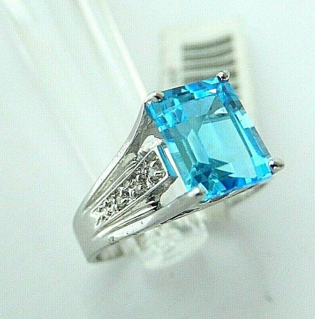 10K White Gold Emerald Cut  London Blue Topaz with Diamond Accent Sz 7.5