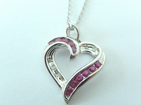 AMAZING 10K WHITE GOLD NATURAL DIAMOND & NATURAL RUBY  HEART PENDANT w.18" Chain