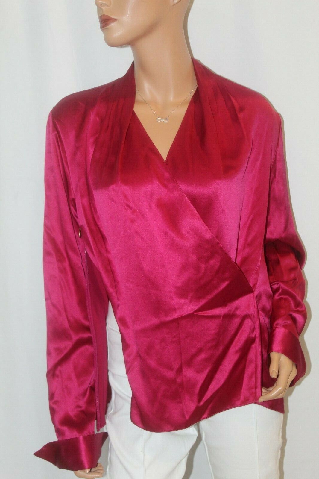 NWT $228. Elie Tahari  100% Silk Fuchsia Cross Front Side Zip Long Sleeve Blouse