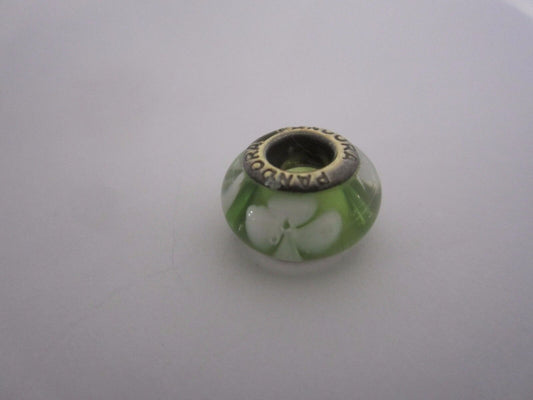 Authentic  Pandora Sterling Silver Green/White Dots  Murano glass twist-on Bead