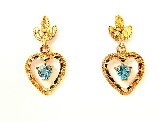 *NWT* 14k Yellow Gold with .50CT Blue Topaz  Heart Shape Dangle Earrings