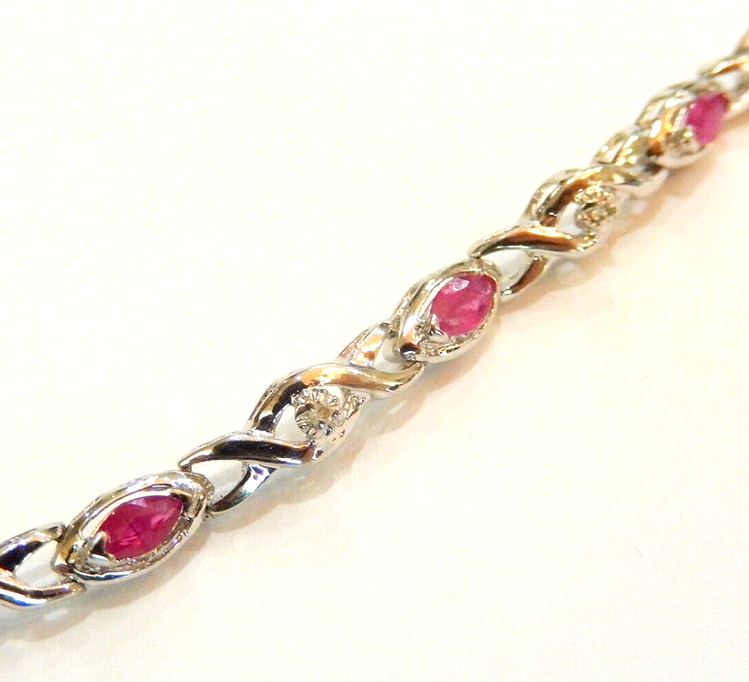 *NWT* 10k White Gold Natural Marquise Shape Red Ruby & Round Diamond Bracelet 7"