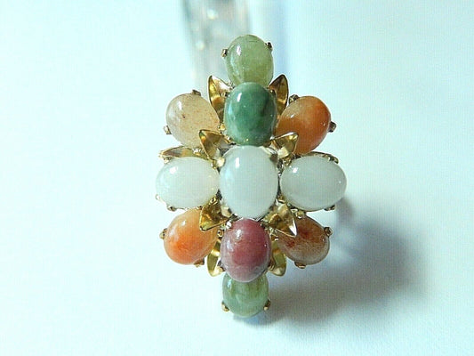 *VINTAGE* LARGE Solid 18K Yellow Gold 8.25CT JADE MULTI COLOR  RING Sz 6.5
