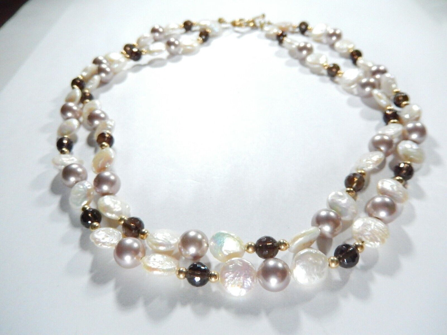 *VINTAGE*  9.50mm Flat Coin Pearl & Smoky Quartz Beads & Gold Beads Necklace 16"