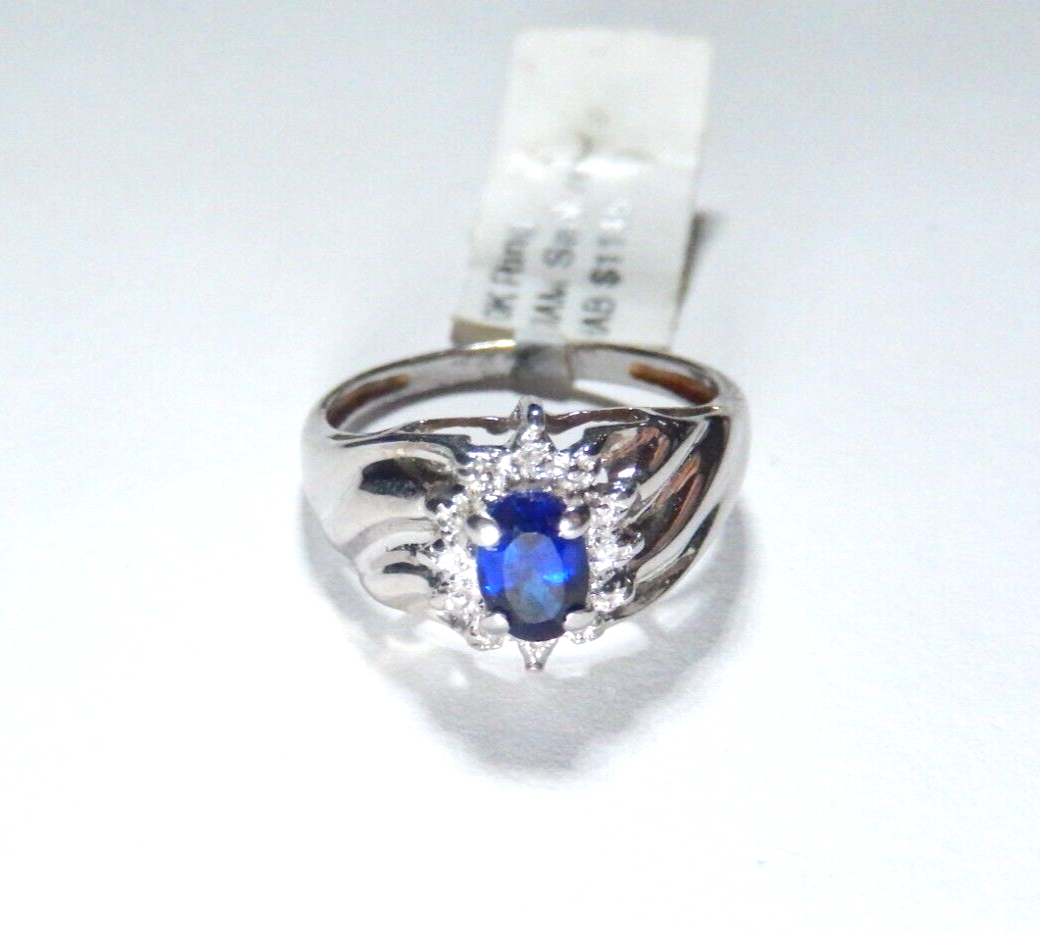 *NWT* 10k White Gold Lab Created Oval Sapphire and Diamond Halo Ring Sz 6.5