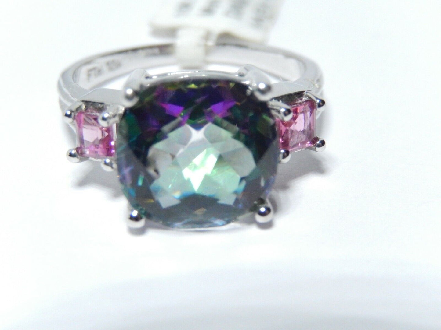 *NWT* Gorgeous 10K WHITE GOLD 5CT Fancy Cushion Cut Mystic Topaz Ring  Size 7.75