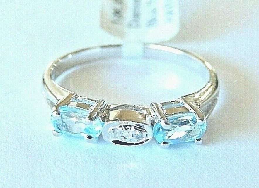 *NWT* 10k White Gold Oval Blue Topaz And Diamond 4mm Wide Ring Size 6.5