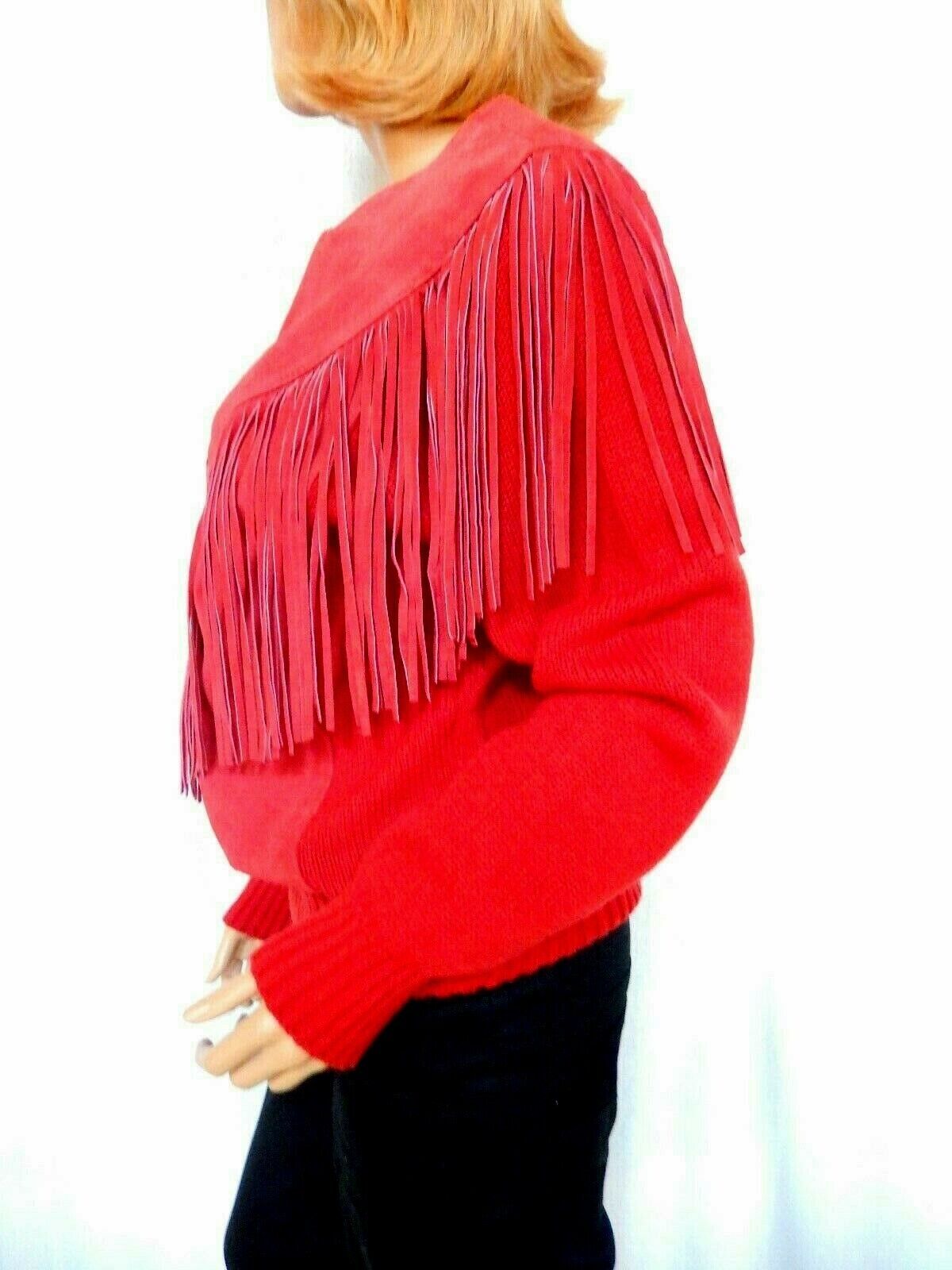 *RARE*VINTAGE PIONEER WEAR Cowgirl Red Leather Suede Fringe Sweater Womens Sz L