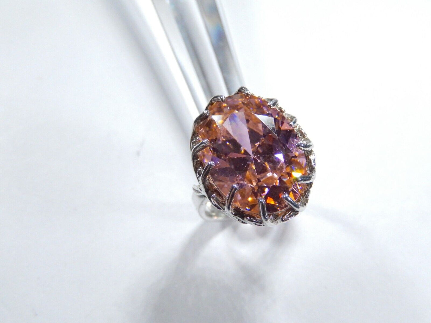 HUGE-  .925 Sterling Silver 13.0 CT Statement Ring Pink CZ Cocktail Ring sz 7.5