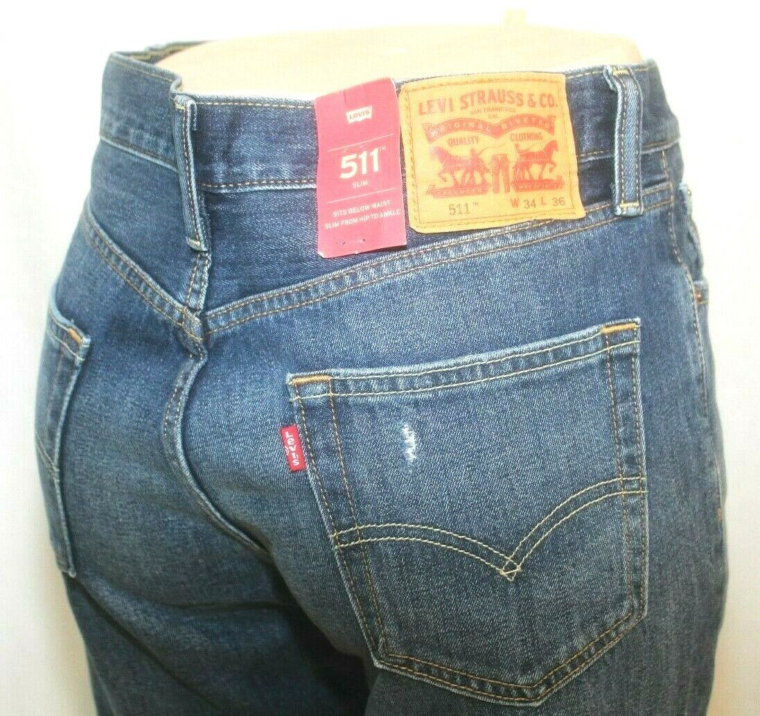 *NWT* $70.  LEVIS Mens 511 Slim Fit Jeans  Patchwork Distressed Denim W34 x L36