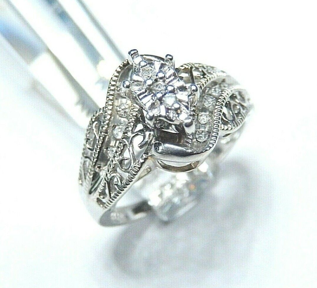 *VINTAGE*  Antique  10k Solid White Gold .25ct Diamond Filigree Ring Size 7