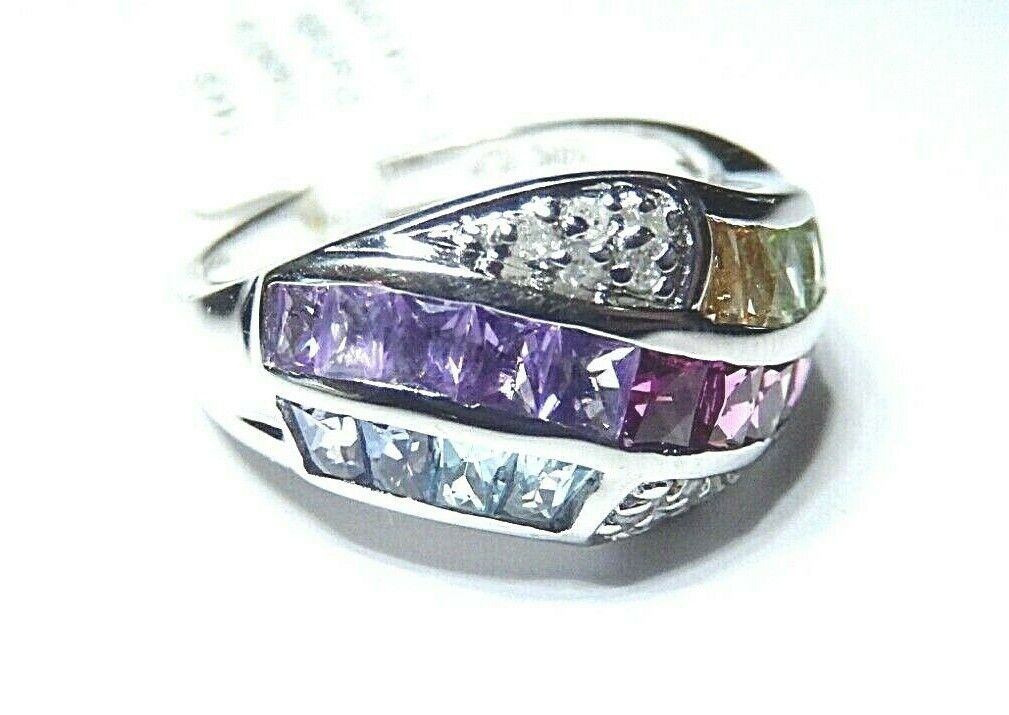 *NWT* 14K White Gold  11mm Wide Multi Gemstone & Diamond Ladies Ring  Size 7