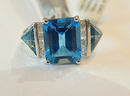 *STUNNING*  14K White Gold 4.50 Ct  Blue Topaz & Diamond 3 Stone  Ring Sz 9.5