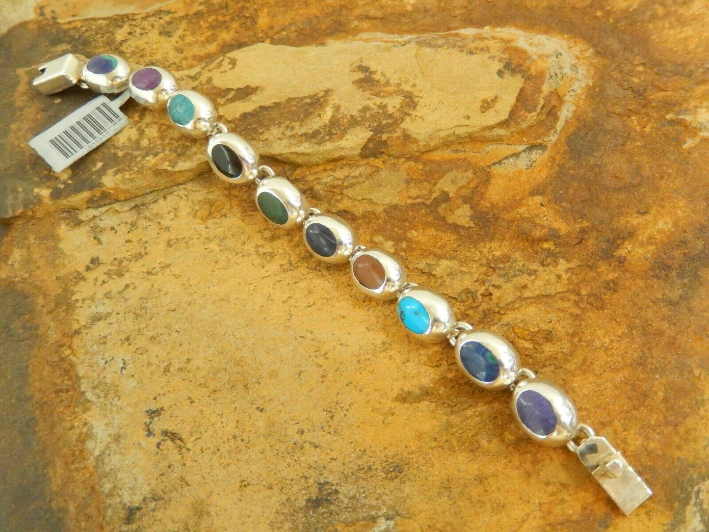 Vintage MEXICO TAXCO 950 Sterling Silver Bracelet Multi Gem Link Bracelet 7"