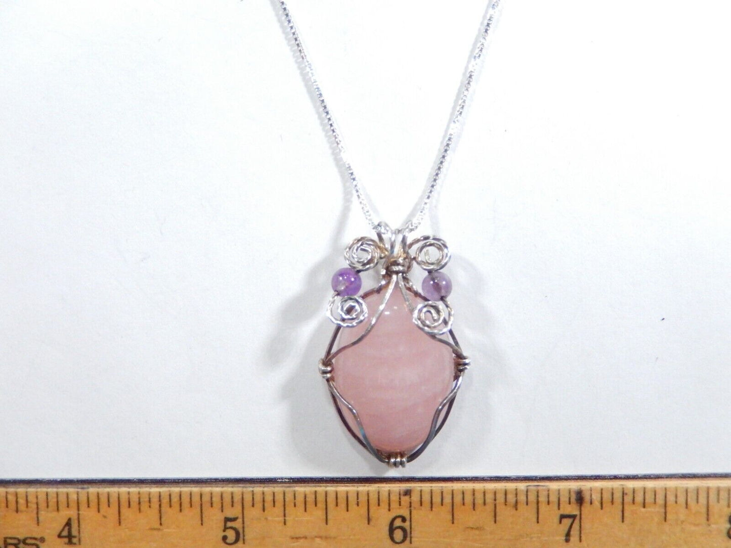 VINTAGE Pink Amethyst Stone Wrapped In Sterling Silver Wire  Necklace w/18"chain