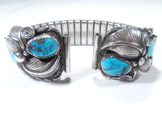 SIGNED - JIM YAZZIE Vintage STERLING Silver NAVAJO Turquoise WATCH TIPS