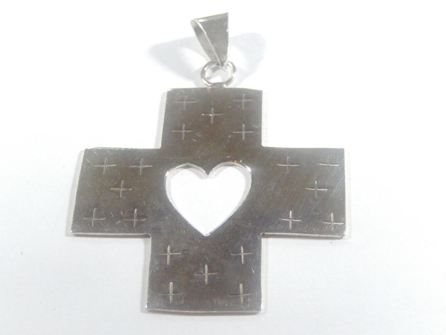 *VINTAGE*  Mexico  925 Sterling Silver Large Heart Cross Pendant