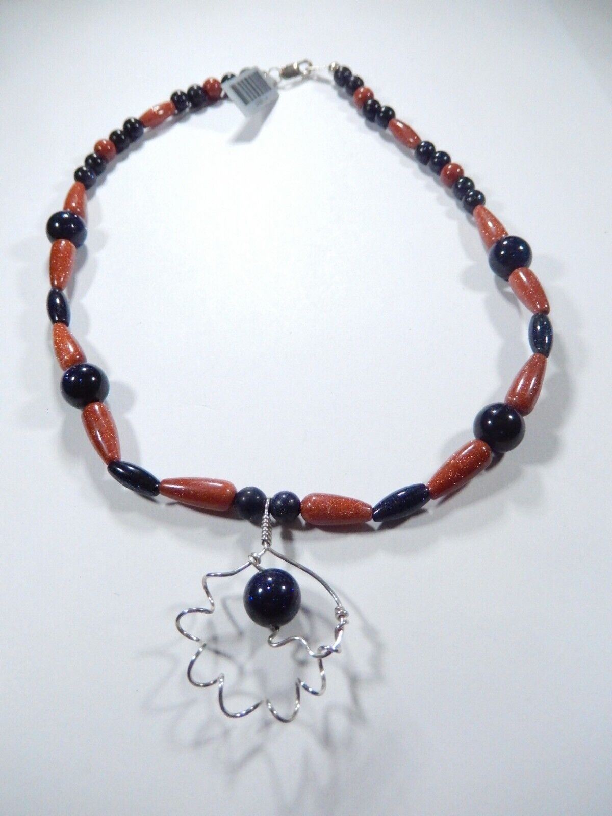 *VINTAGE*   16" Goldstone Bead Necklace With Sterling Silver Pendant & Clasp