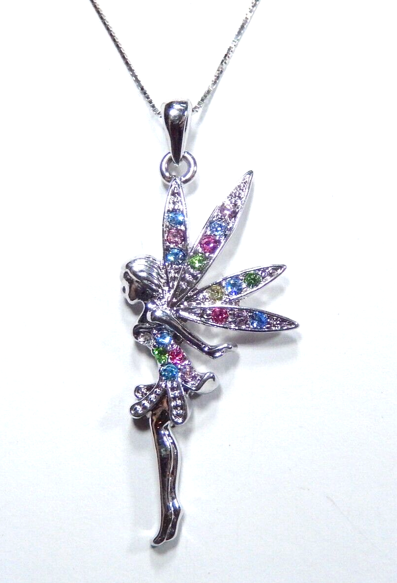 Winged Fairy Glimmering Rhinestone Silver Tone Pendant w/Sterling 18"chain