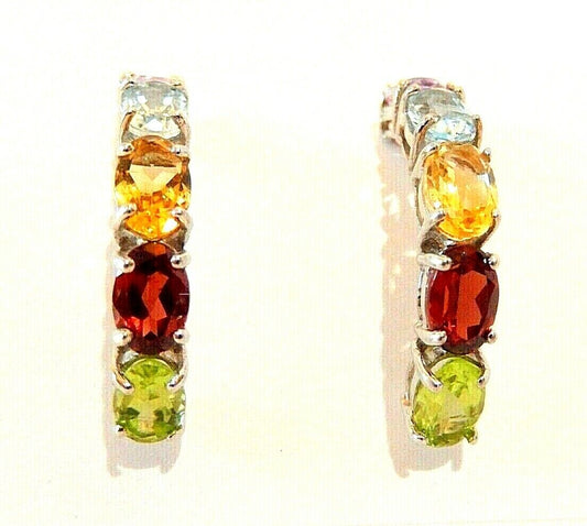 *VINTAGE* 10K White Gold 5CT Oval Gemstone Ladies Fancy J Shaped Hoop Earrings