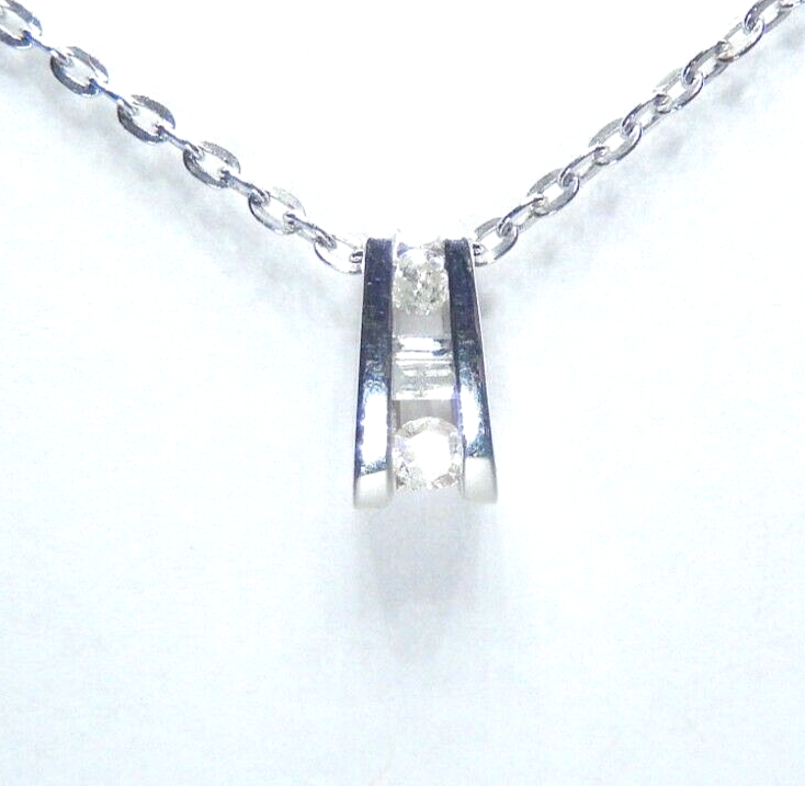 10k White Gold  Three Stone Diamond Tension Pendant w/ 18" Chain